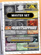 EX: Ruby & Sapphire master set binder page showing grayscale and color Pokémon cards, designed as a digital download with checklist to complete a collector’s binder.