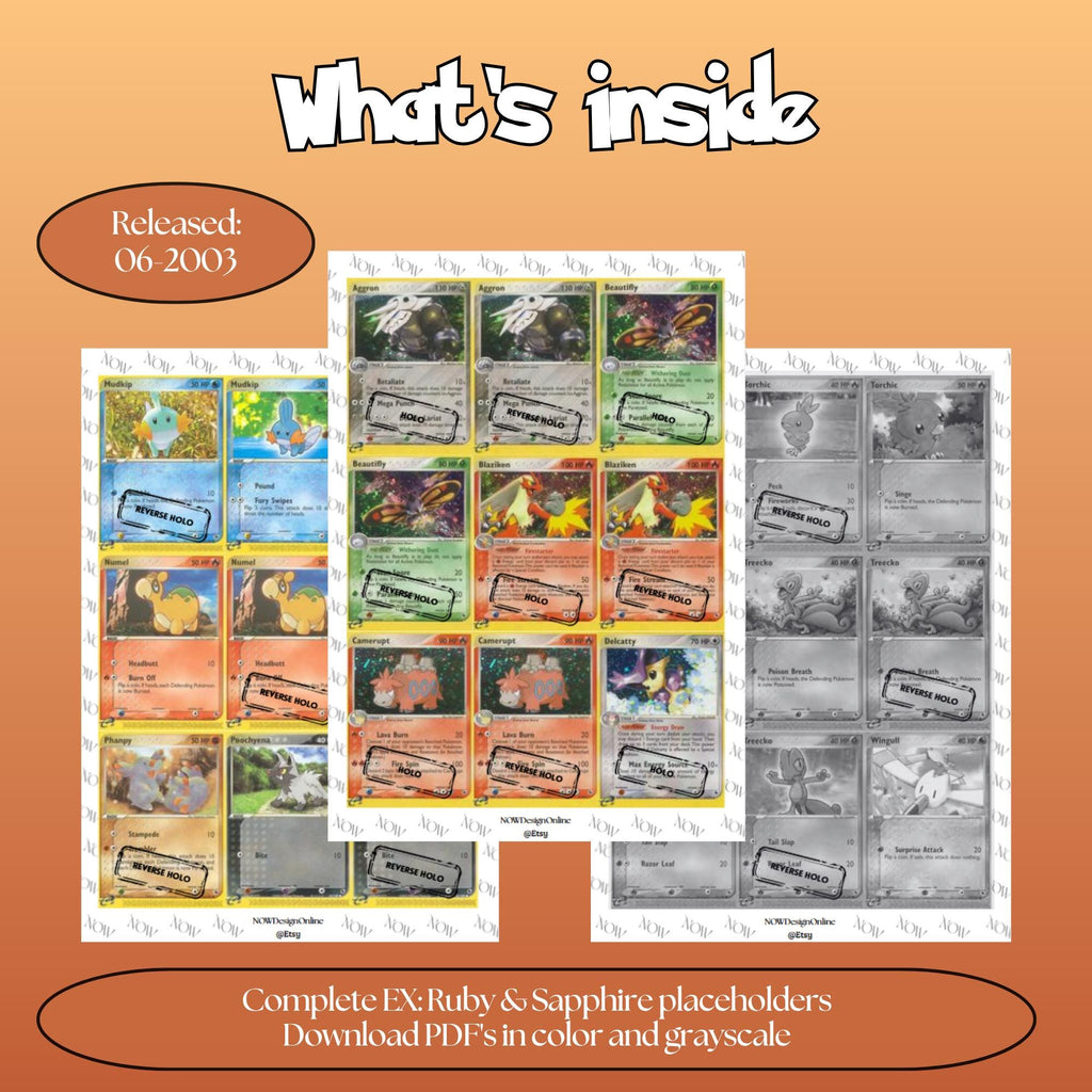 Ruby Sapphire master set overview showing the included Pokémon cards to print and a full color checklist for the EX binder.