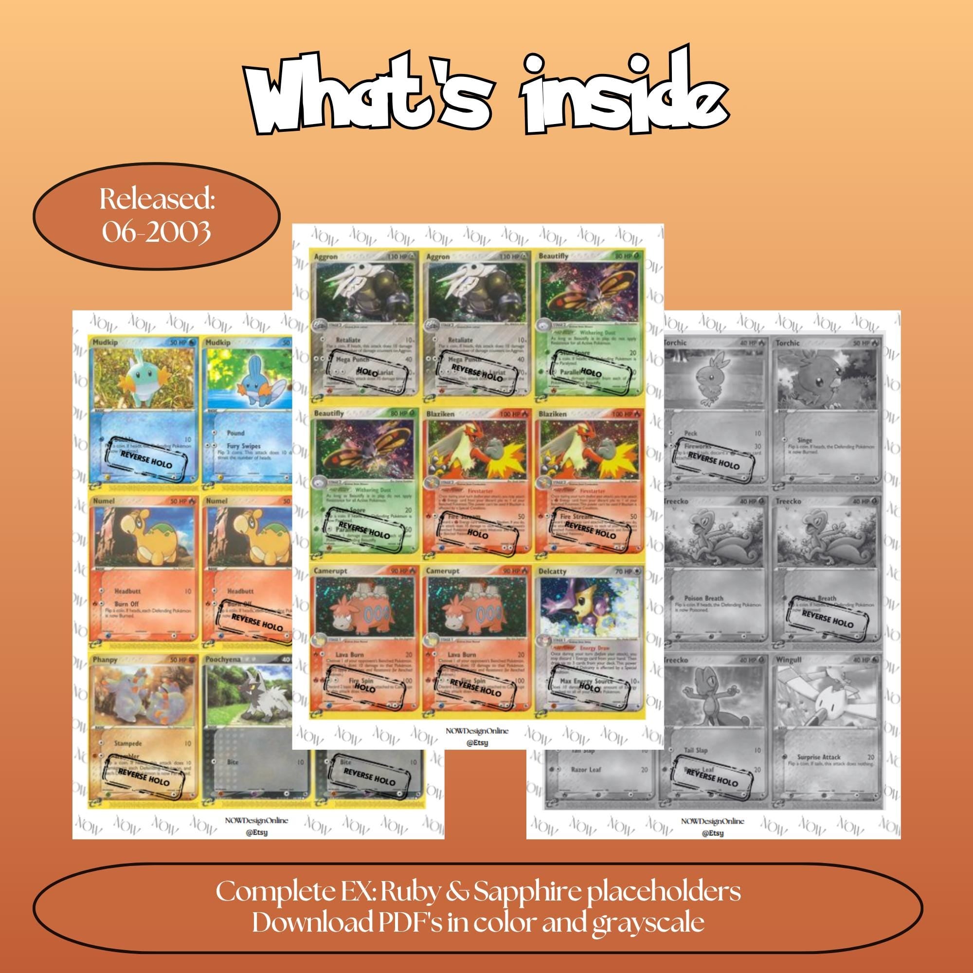 Ruby Sapphire master set overview showing the included Pokémon cards to print and a full color checklist for the EX binder.