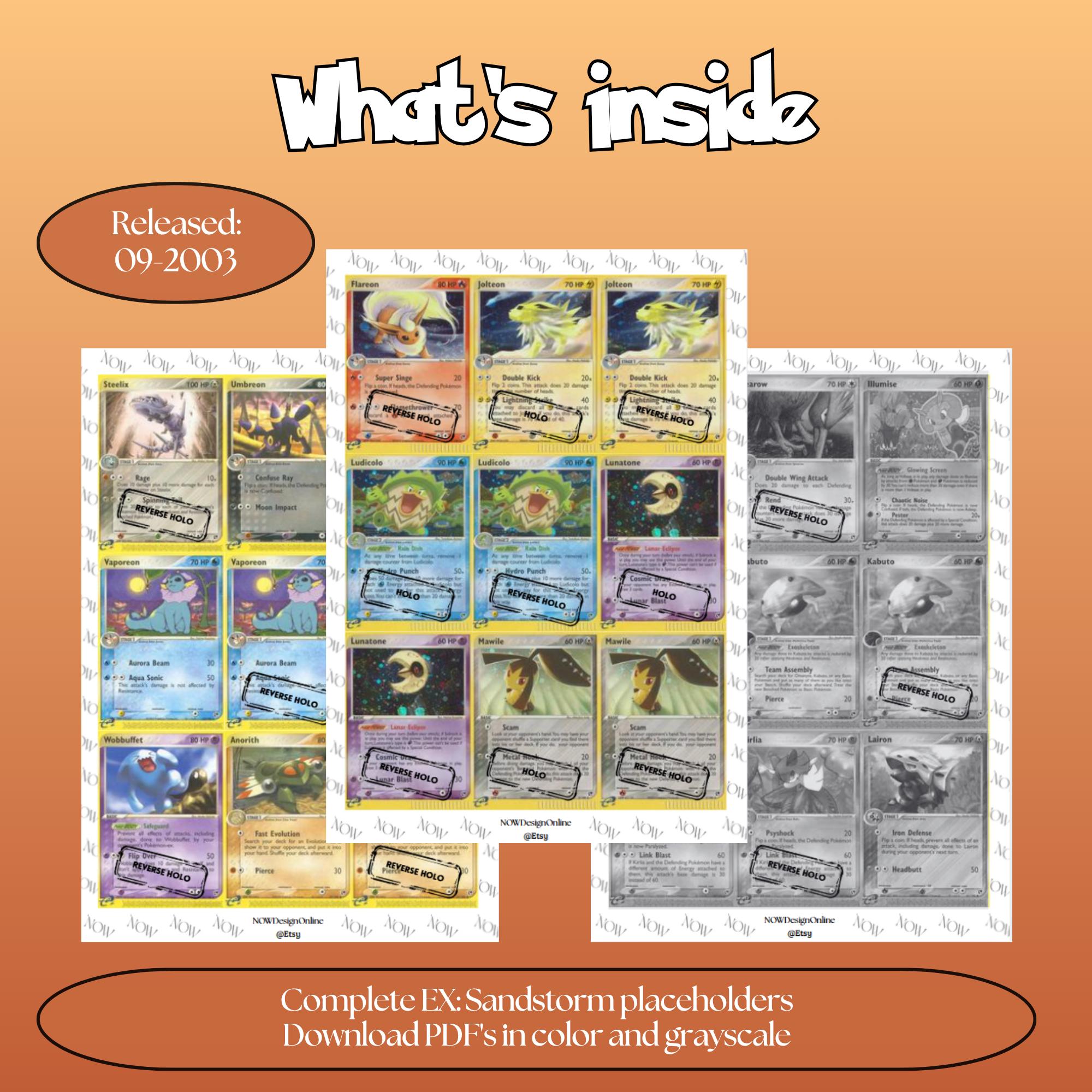 Sandstorm master set overview showing the included Pokémon cards to print and a full color checklist for the EX binder.