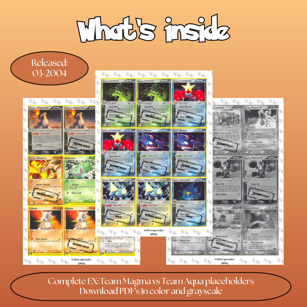 Team Magma vs Team Aqua master set overview showing the included Pokémon cards to print and a full color checklist for the EX binder.