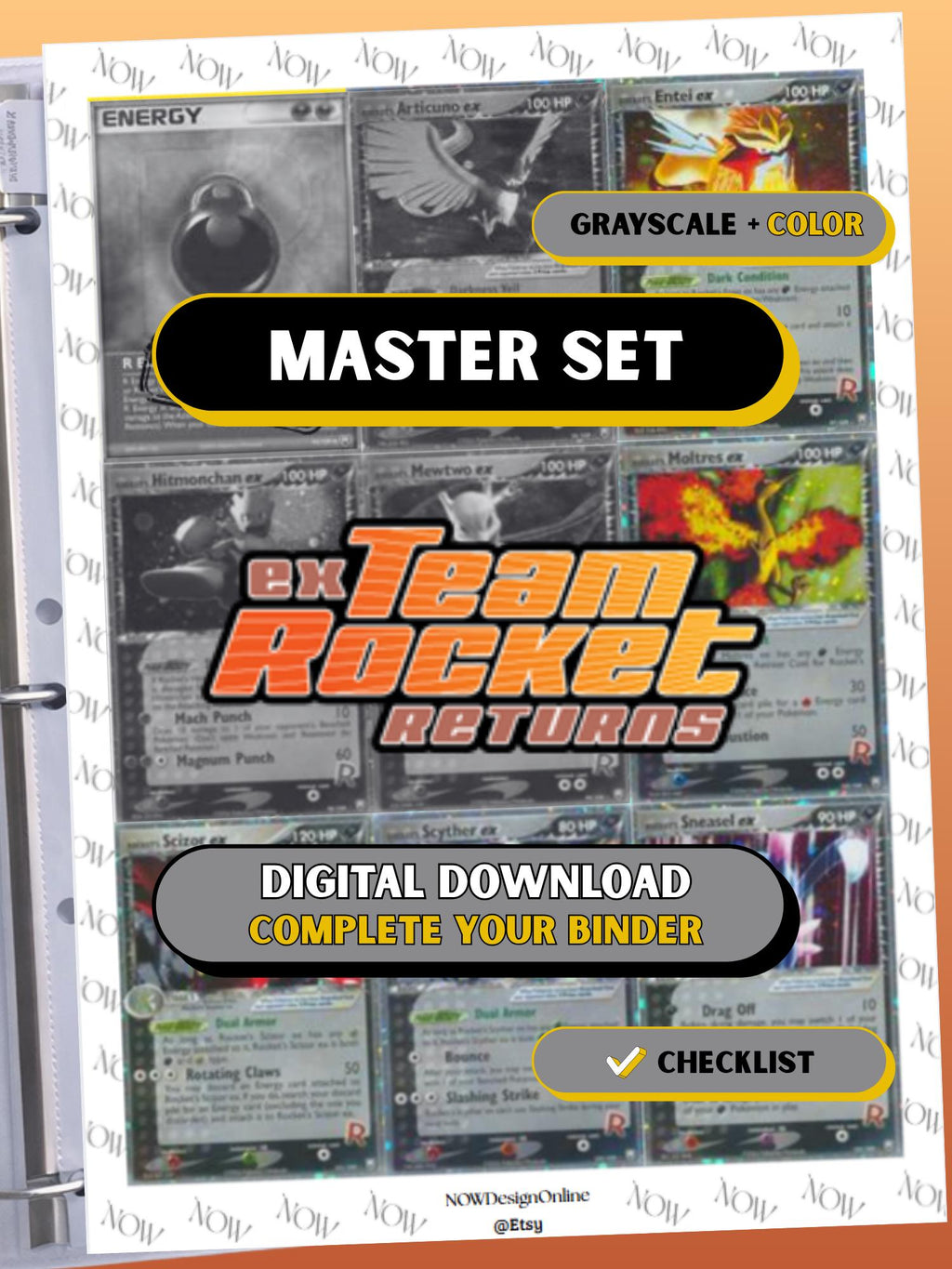 EX: Team Rocket Returns master set binder page showing grayscale and color Pokémon cards, designed as a digital download with checklist to complete a collector’s binder.