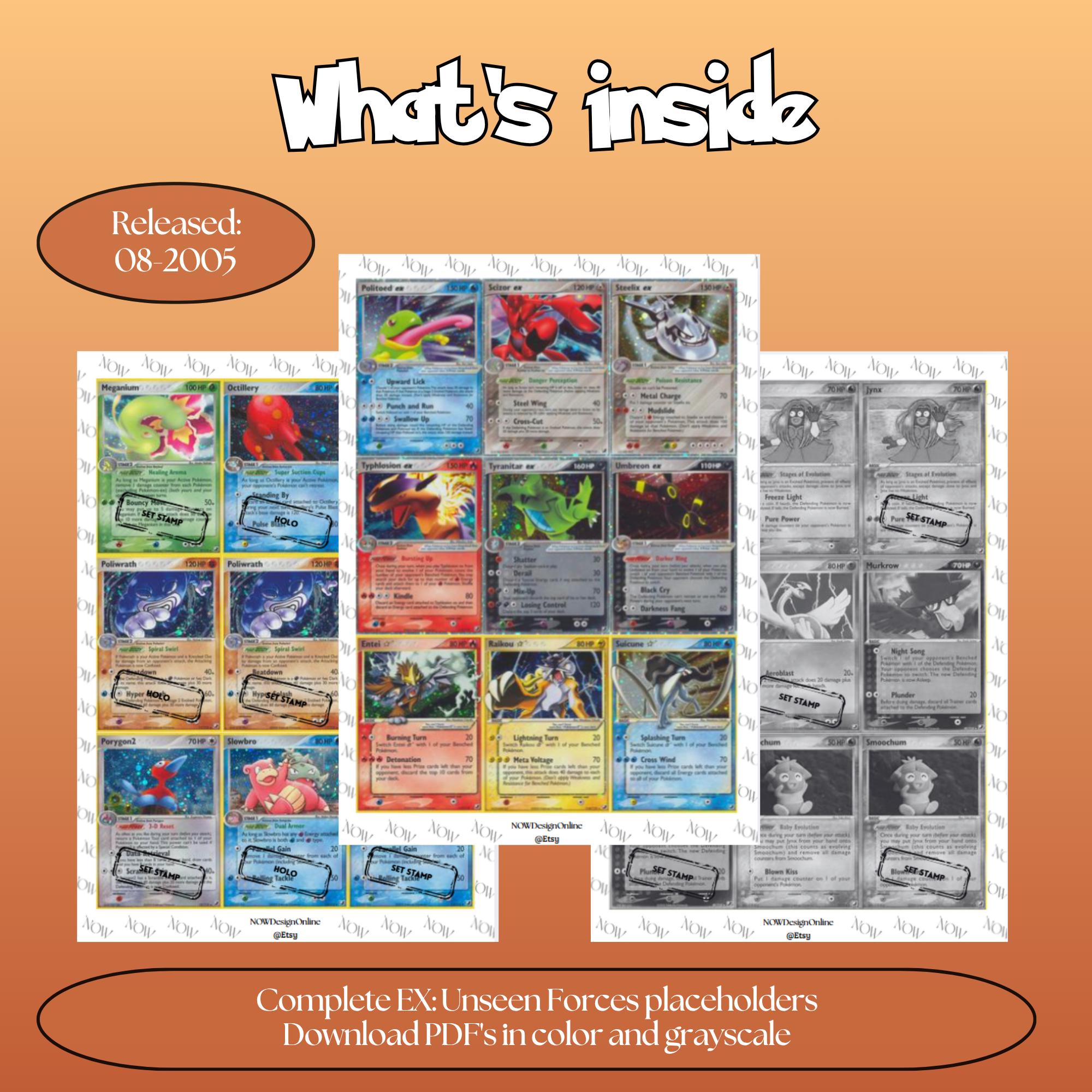 Unseen Forces master set overview showing the included Pokémon cards to print and a full color checklist for the EX binder.