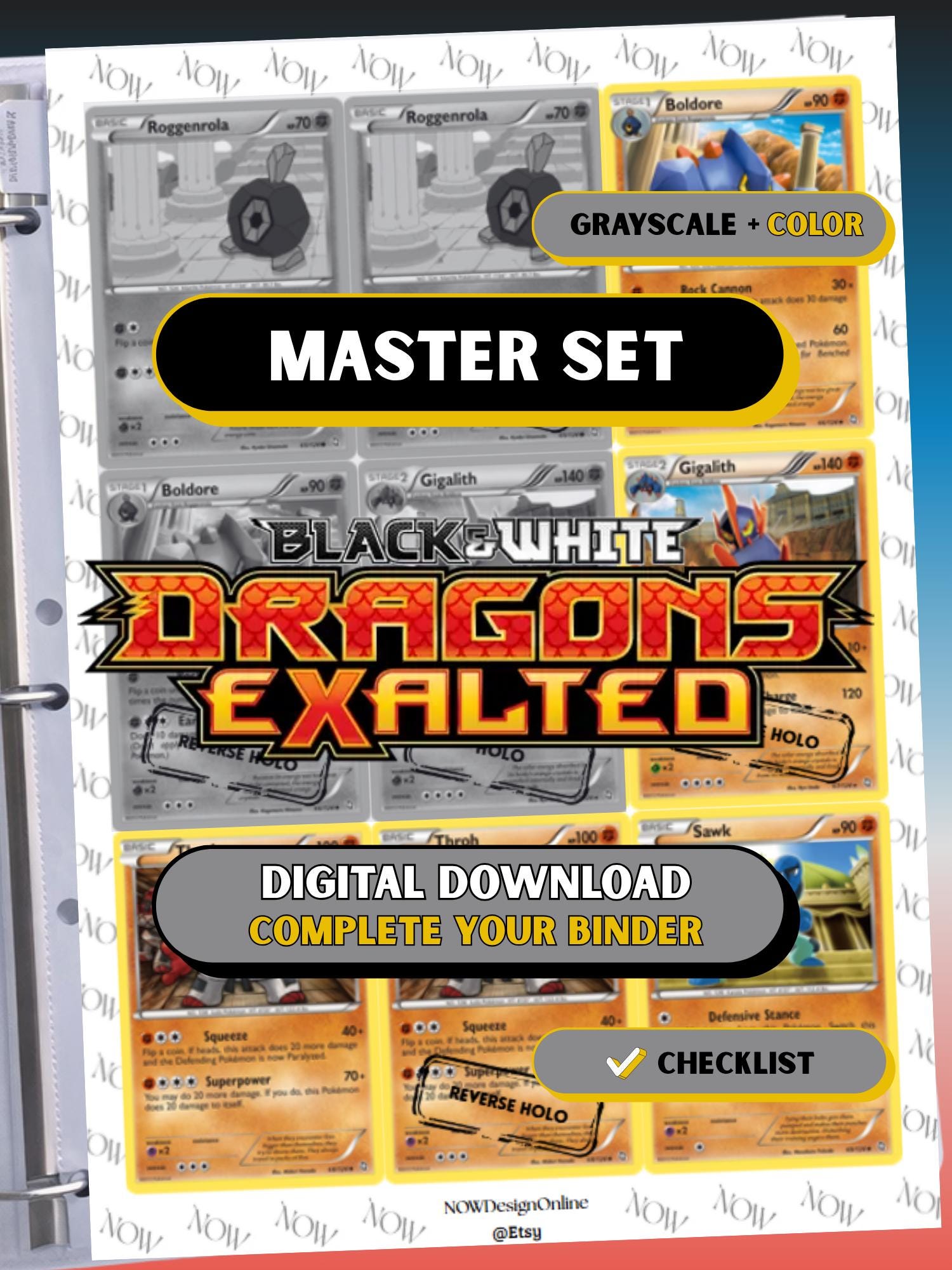 Black & White: Dragons Exalted master set binder page showing grayscale and color Pokémon cards, designed as a digital download with checklist to complete a collector’s binder.