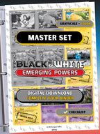Black & White: Emerging Powers master set binder page showing grayscale and color Pokémon cards, designed as a digital download with checklist to complete a collector’s binder.