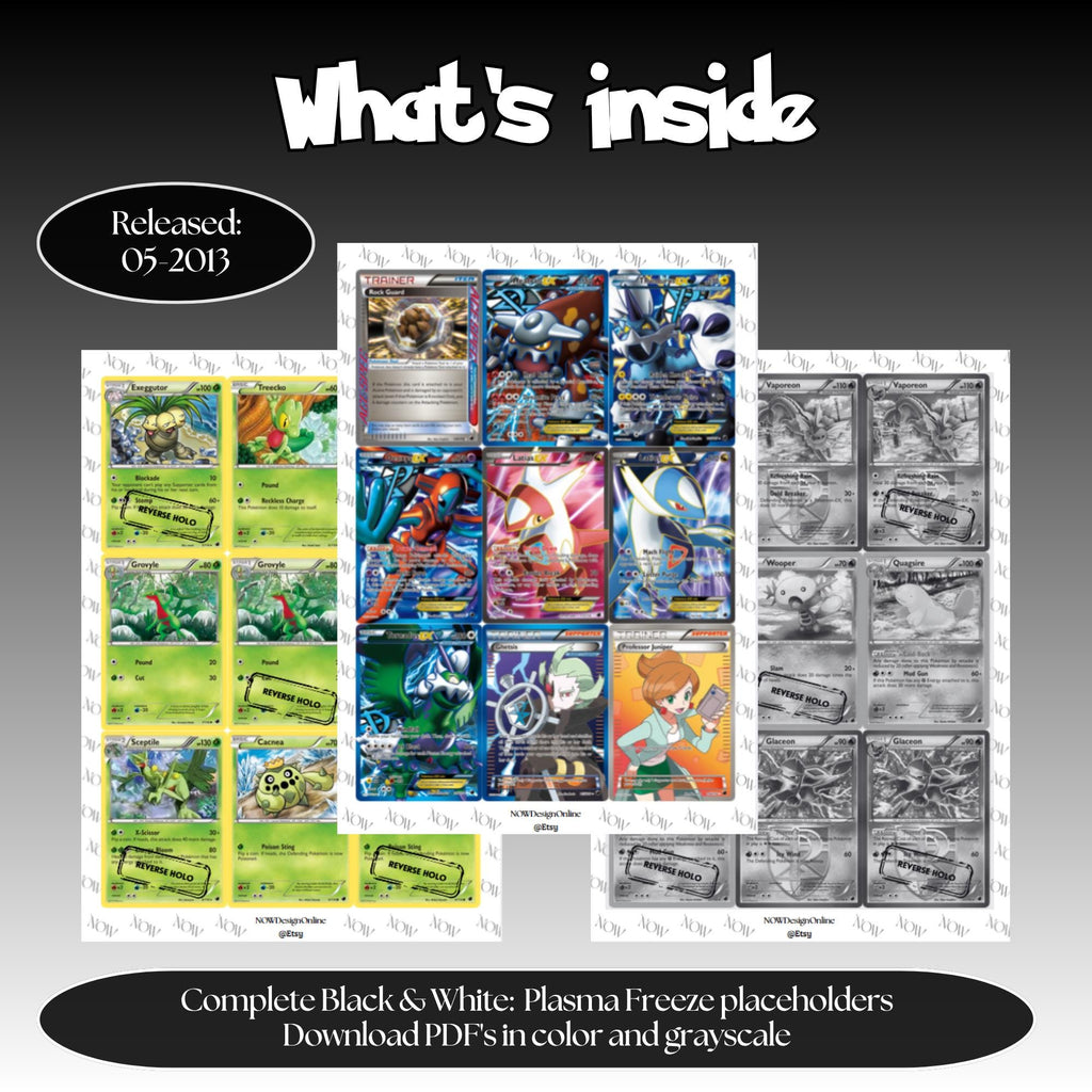 Plasma Freeze master set overview showing the included Pokémon cards to print and a full color checklist for the Black & White binder.