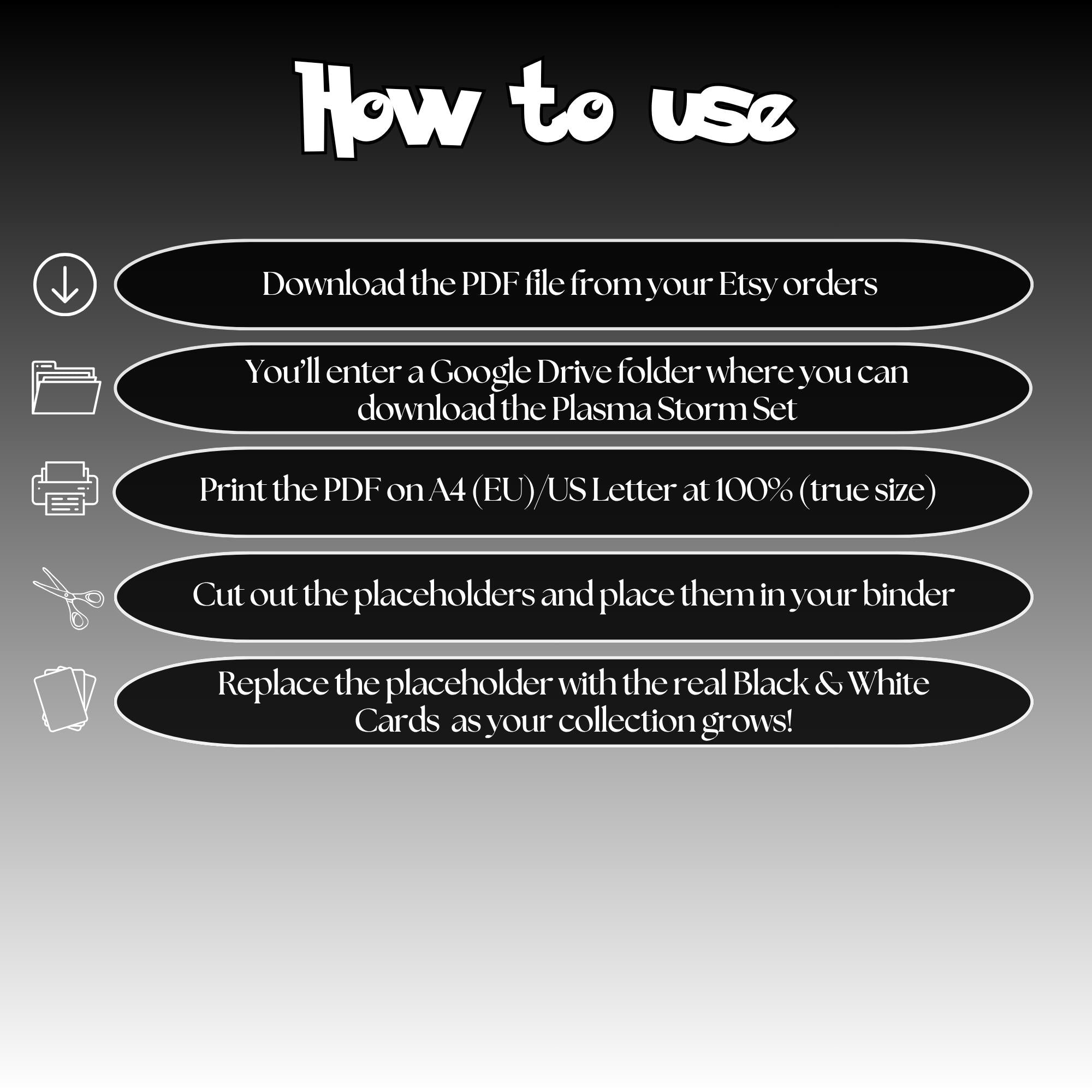 Plasma Storm digital download instructions explaining how to print, cut, and place placeholders in a Pokémon binder.