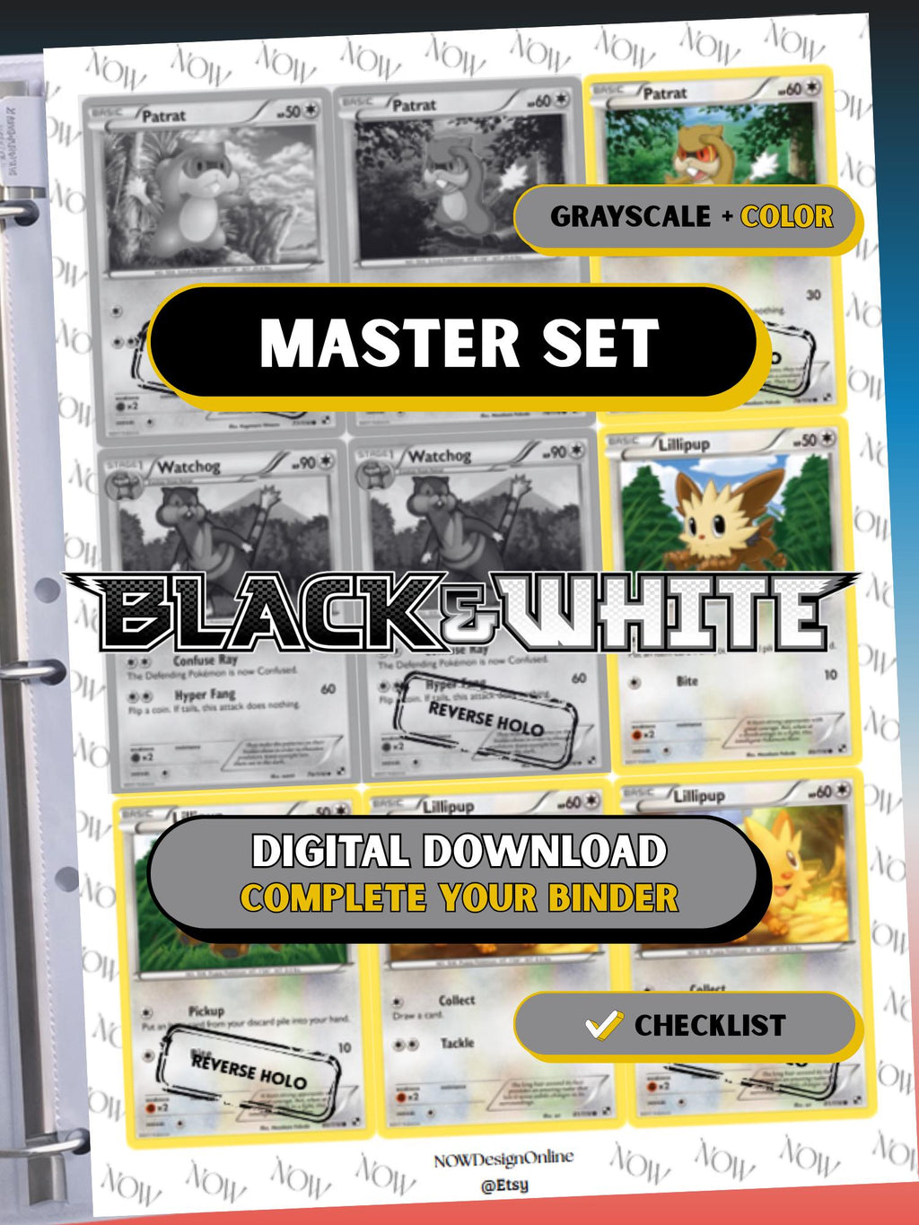 Black & White: Base master set binder page showing grayscale and color Pokémon cards, designed as a digital download with checklist to complete a collector’s binder.