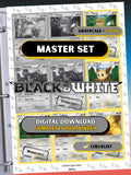 Black & White: Base master set binder page showing grayscale and color Pokémon cards, designed as a digital download with checklist to complete a collector’s binder.