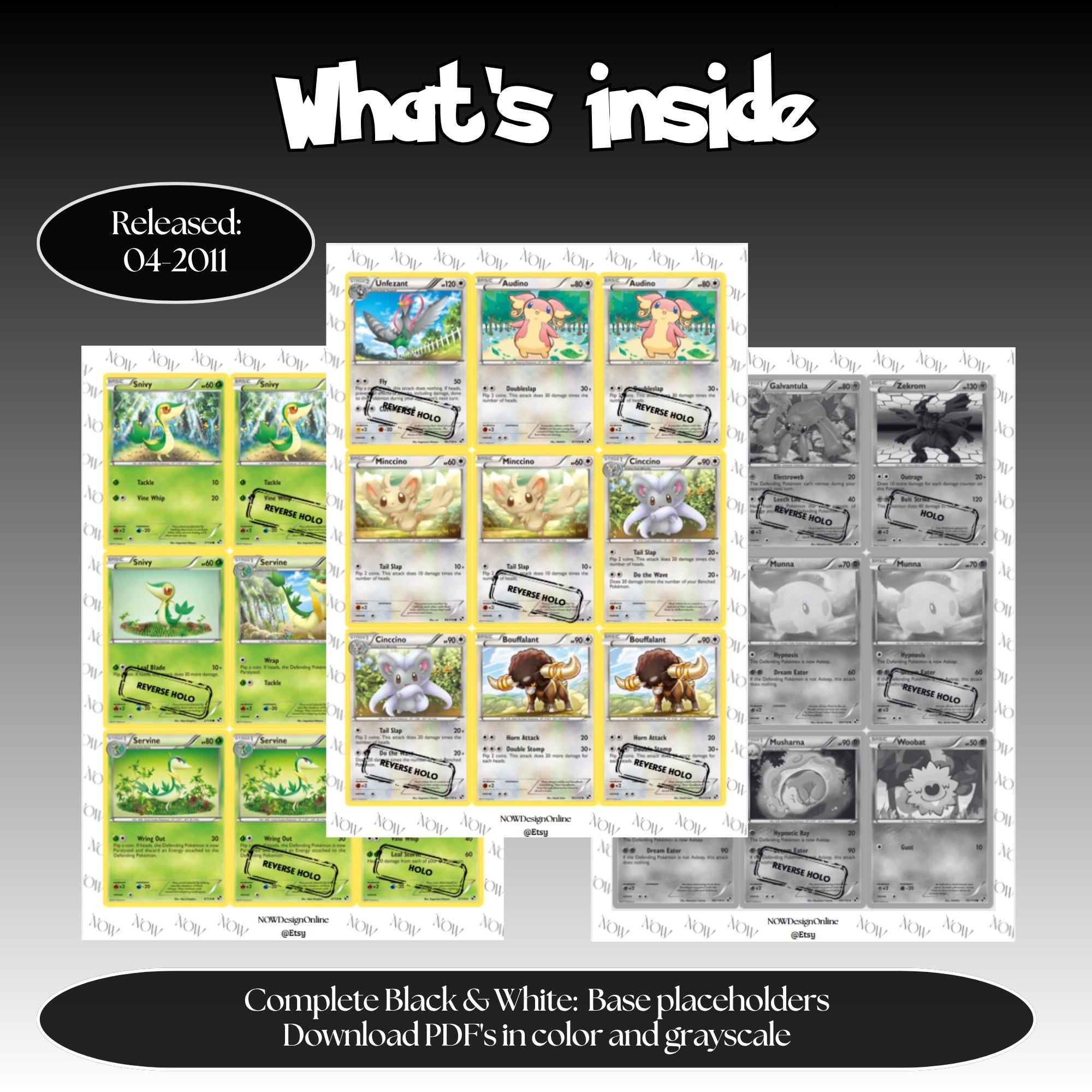 Black White Base master set overview showing the included Pokémon cards to print and a full color checklist for the Black & White binder.