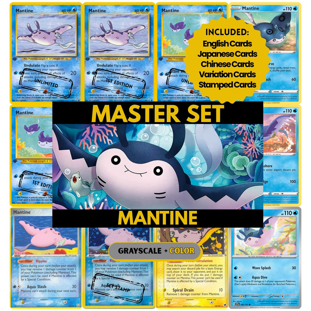 Mantine binder pages set showing grayscale and color Pokémon cards, designed as a digital download to complete a collector’s binder.