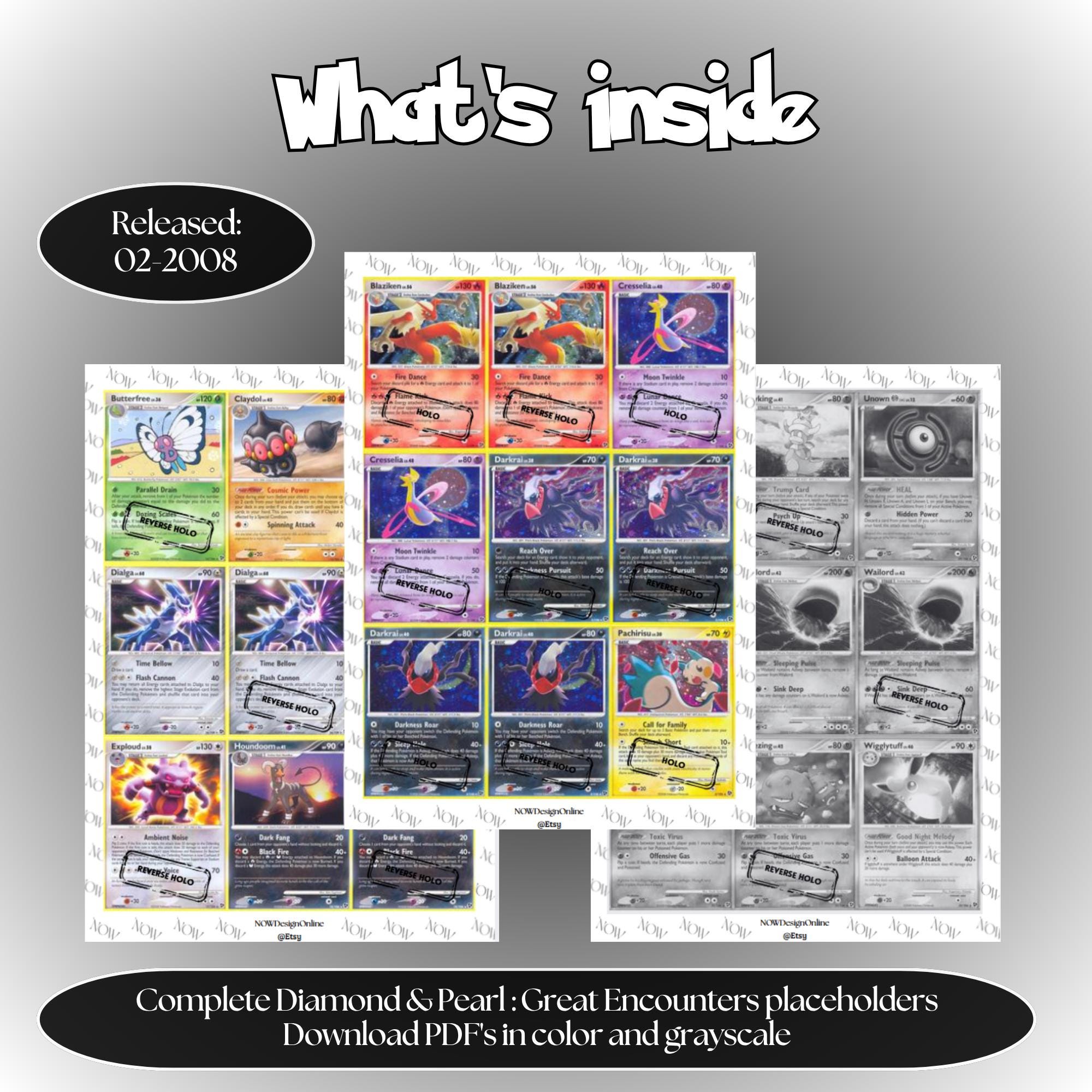 Great Encounters master set overview showing the included Pokémon cards to print and a full color checklist for the Diamond & Pearl binder.