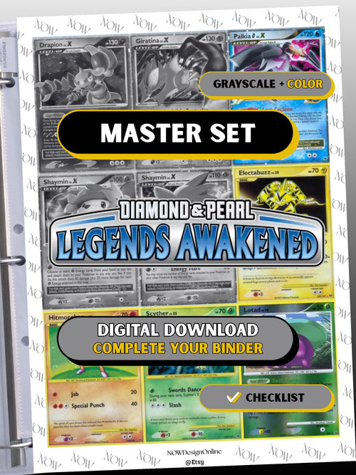Diamond & Pearl: Legends Awakened master set binder page showing grayscale and color Pokémon cards, designed as a digital download with checklist to complete a collector’s binder.