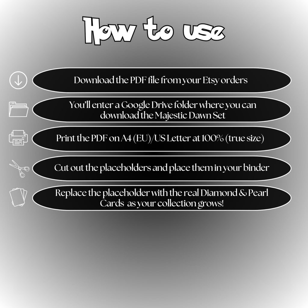 Majestic Dawn digital download instructions explaining how to print, cut, and place placeholders in a Pokémon binder.