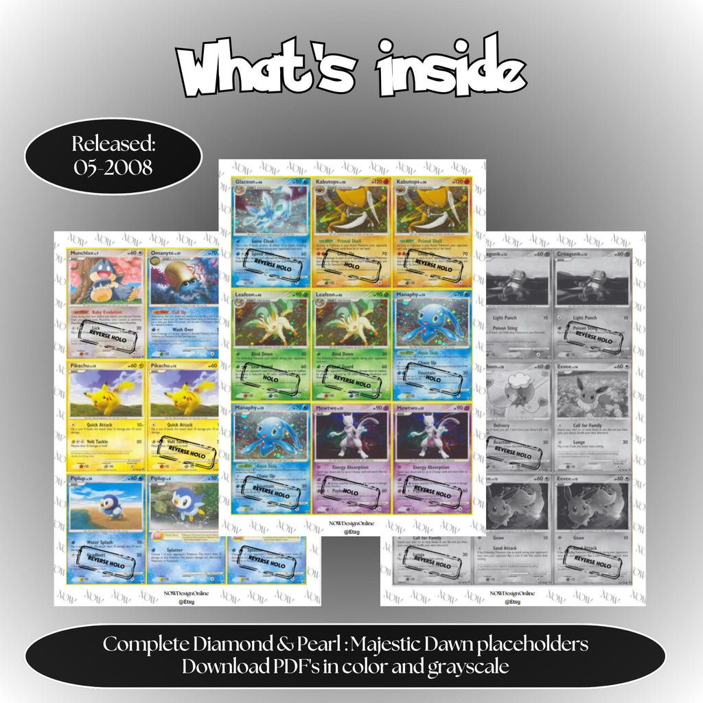 Majestic Dawn master set overview showing the included Pokémon cards to print and a full color checklist for the Diamond & Pearl binder.