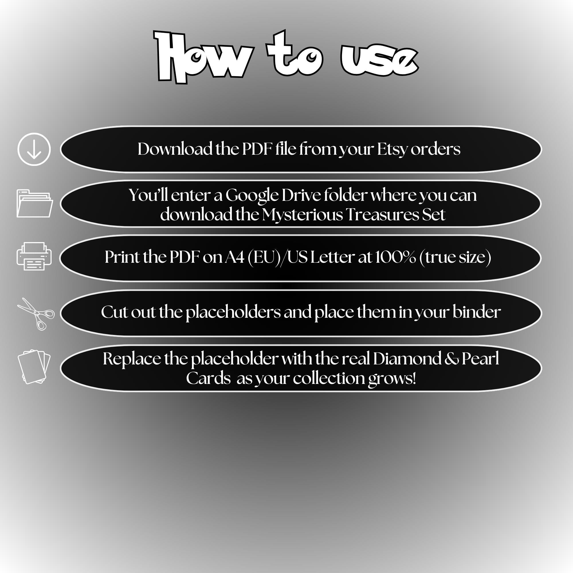 Mysterious Treasures digital download instructions explaining how to print, cut, and place placeholders in a Pokémon binder.