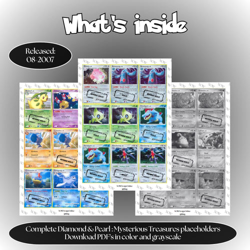 Mysterious Treasures master set overview showing the included Pokémon cards to print and a full color checklist for the Diamond & Pearl binder.