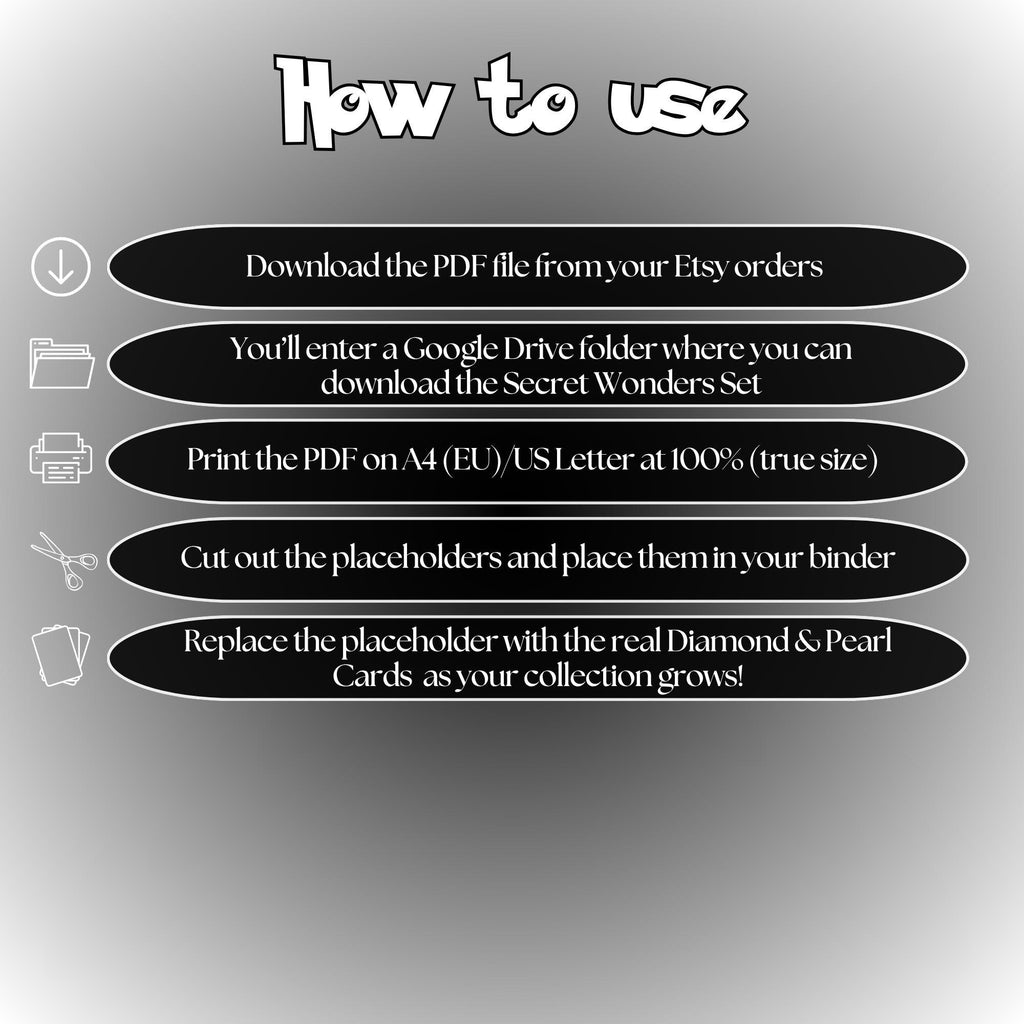 Secret Wonders digital download instructions explaining how to print, cut, and place placeholders in a Pokémon binder.