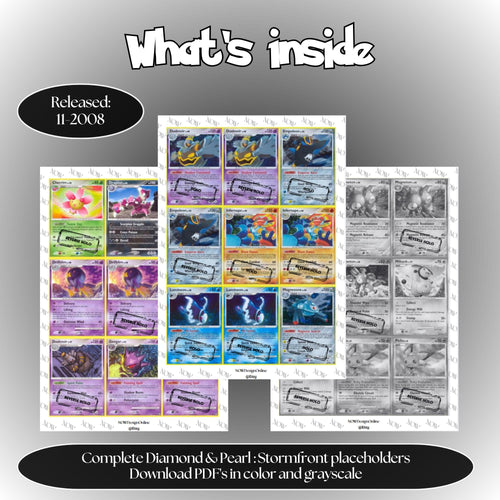 StormFront master set overview showing the included Pokémon cards to print and a full color checklist for the Diamond & Pearl binder.