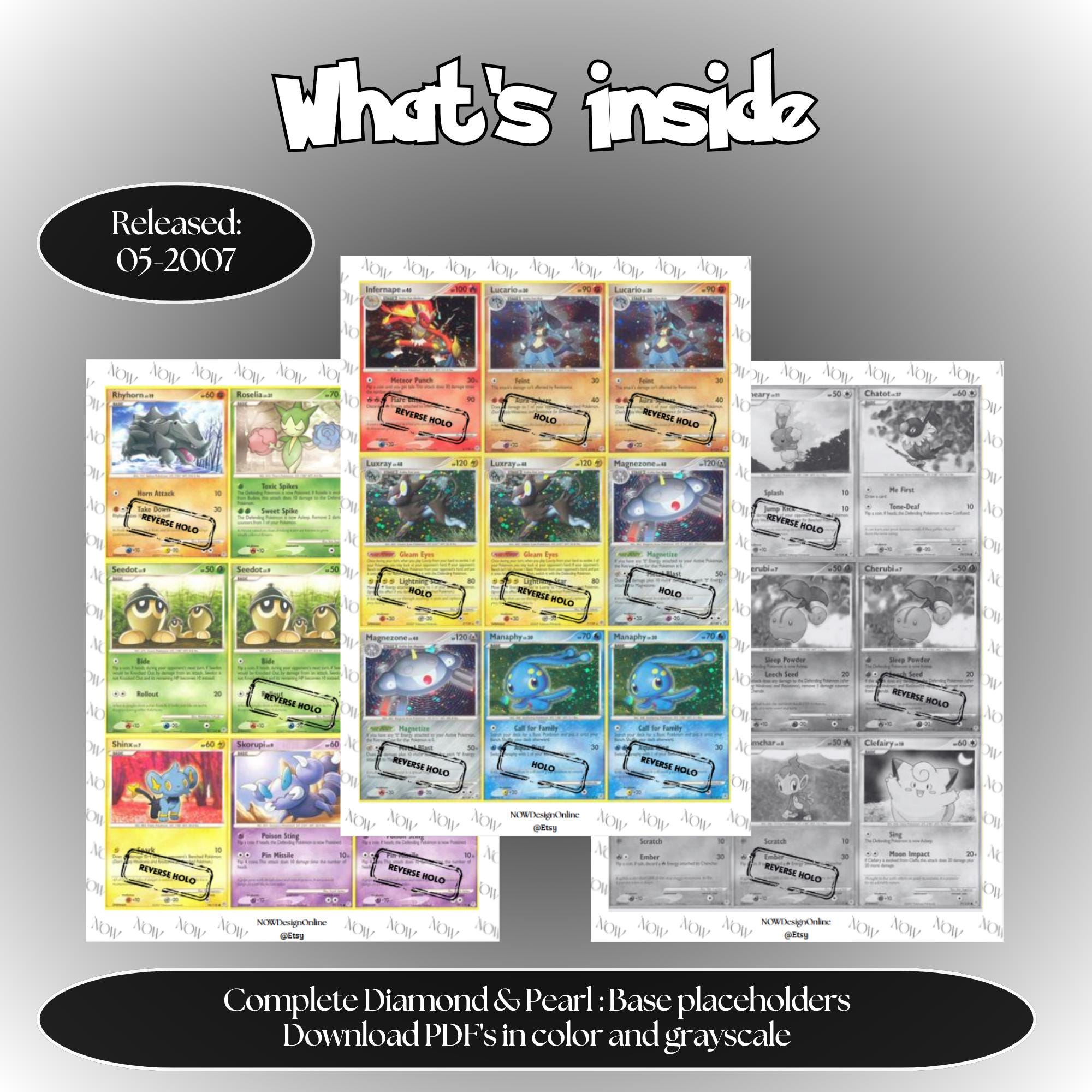 Diamond Pearl master set overview showing the included Pokémon cards to print and a full color checklist for the Diamond & Pearl binder.