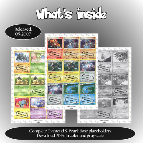 Diamond Pearl master set overview showing the included Pokémon cards to print and a full color checklist for the Diamond & Pearl binder.