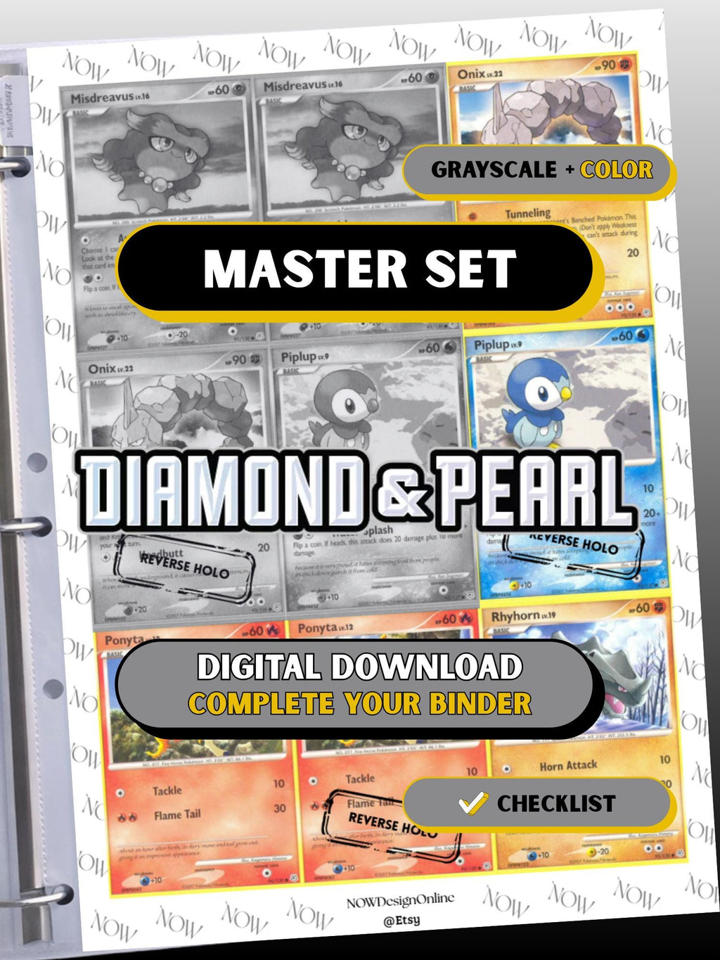 Diamond & Pearl: Base master set binder page showing grayscale and color Pokémon cards, designed as a digital download with checklist to complete a collector’s binder.