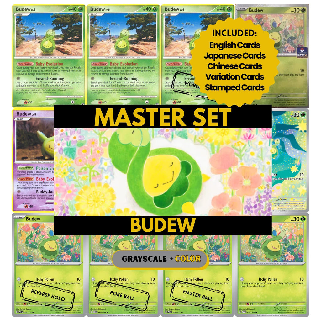 Budew binder pages set showing grayscale and color Pokémon cards, designed as a digital download to complete a collector’s binder.