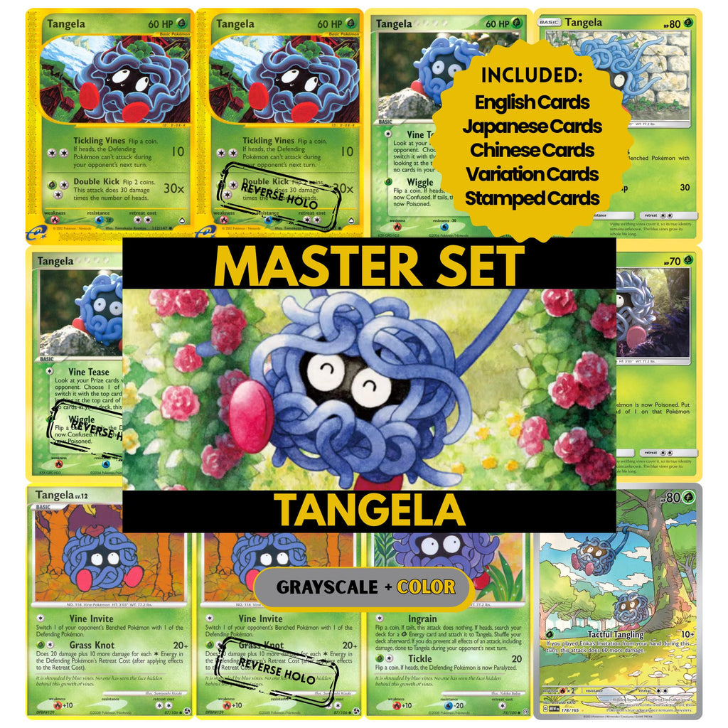Tangela binder pages set showing grayscale and color Pokémon cards, designed as a digital download to complete a collector’s binder.