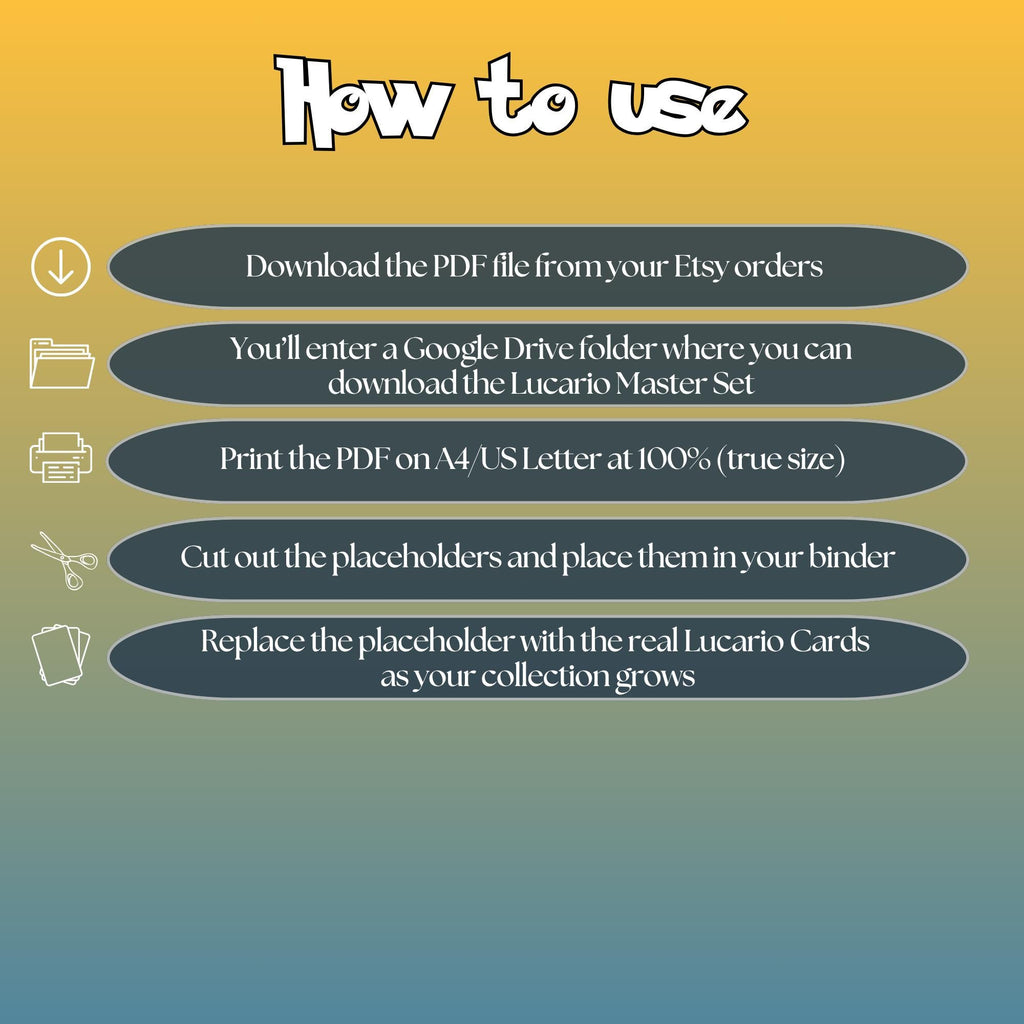 Lucario cards digital download instructions explaining how to print, cut, and place placeholders in a Pokémon binder.