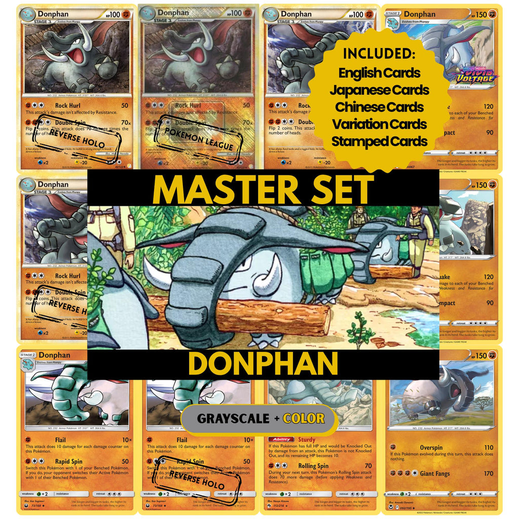 Donphan binder pages set showing grayscale and color Pokémon cards, designed as a digital download to complete a collector’s binder.