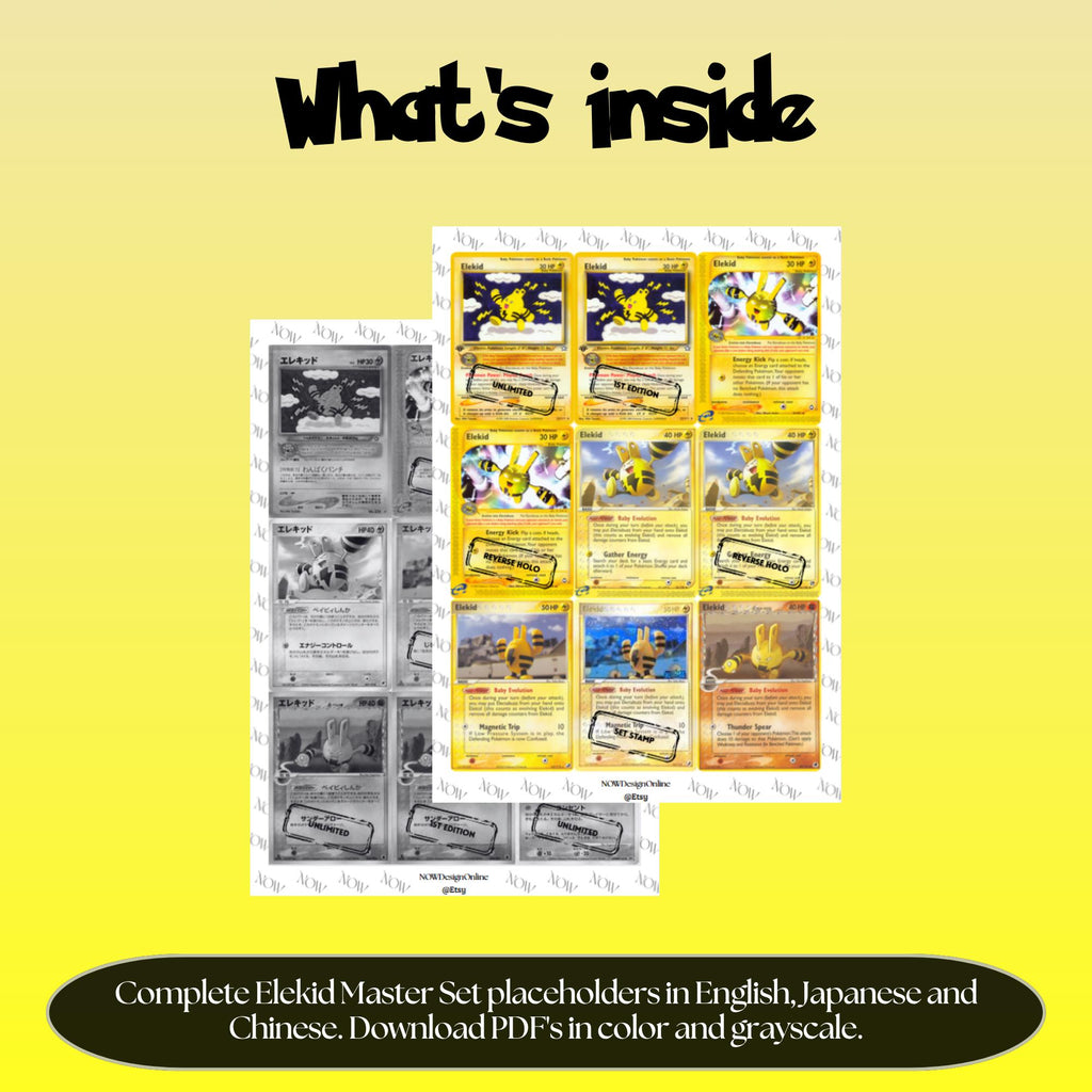 Elekid binder pages set overview showing the included Pokémon cards to print and cut for your binder sleeves.