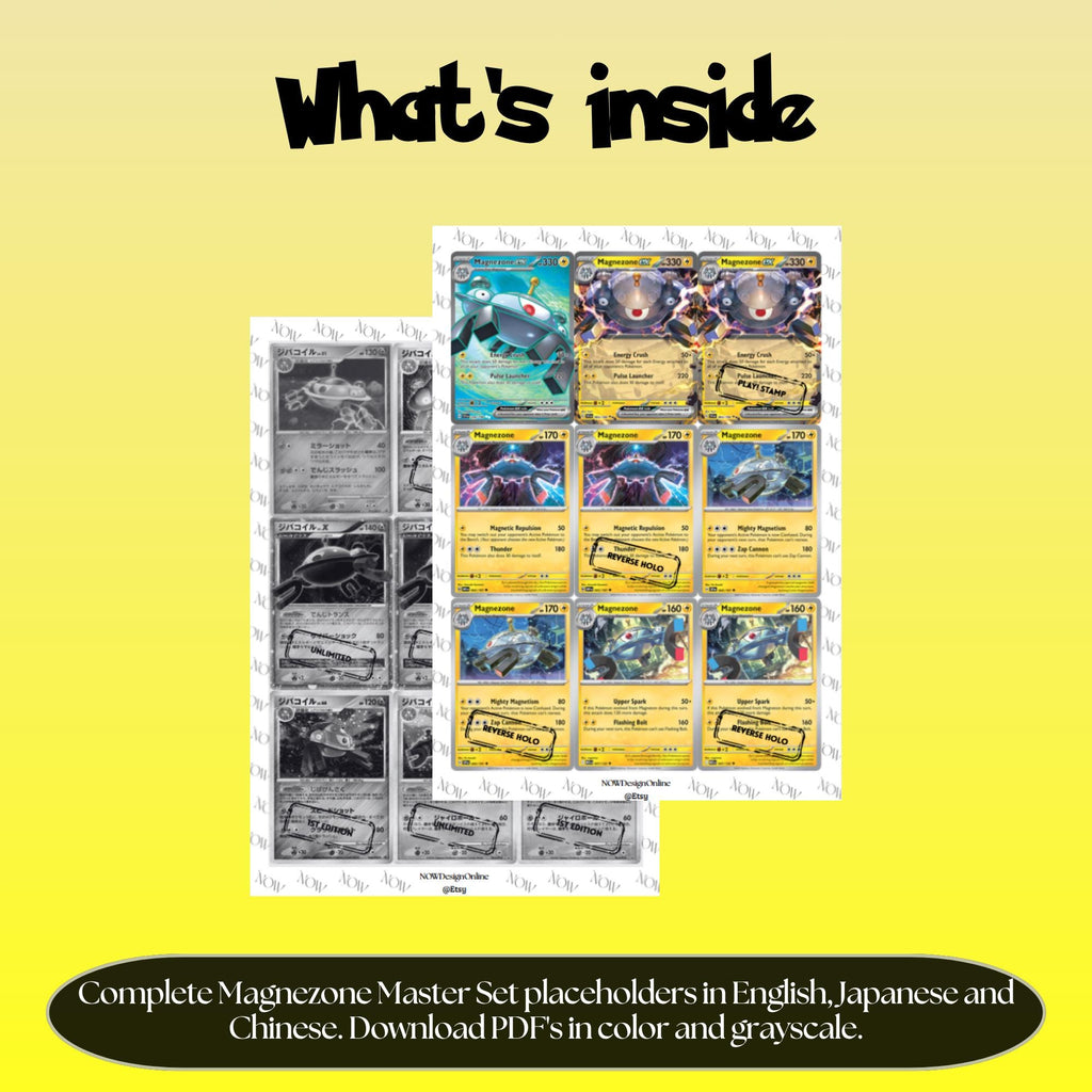 Magnezone binder pages set overview showing the included Pokémon cards to print and cut for your binder sleeves.