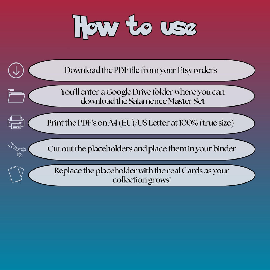 Salamence cards digital download instructions explaining how to print, cut, and place placeholders in a Pokémon binder.