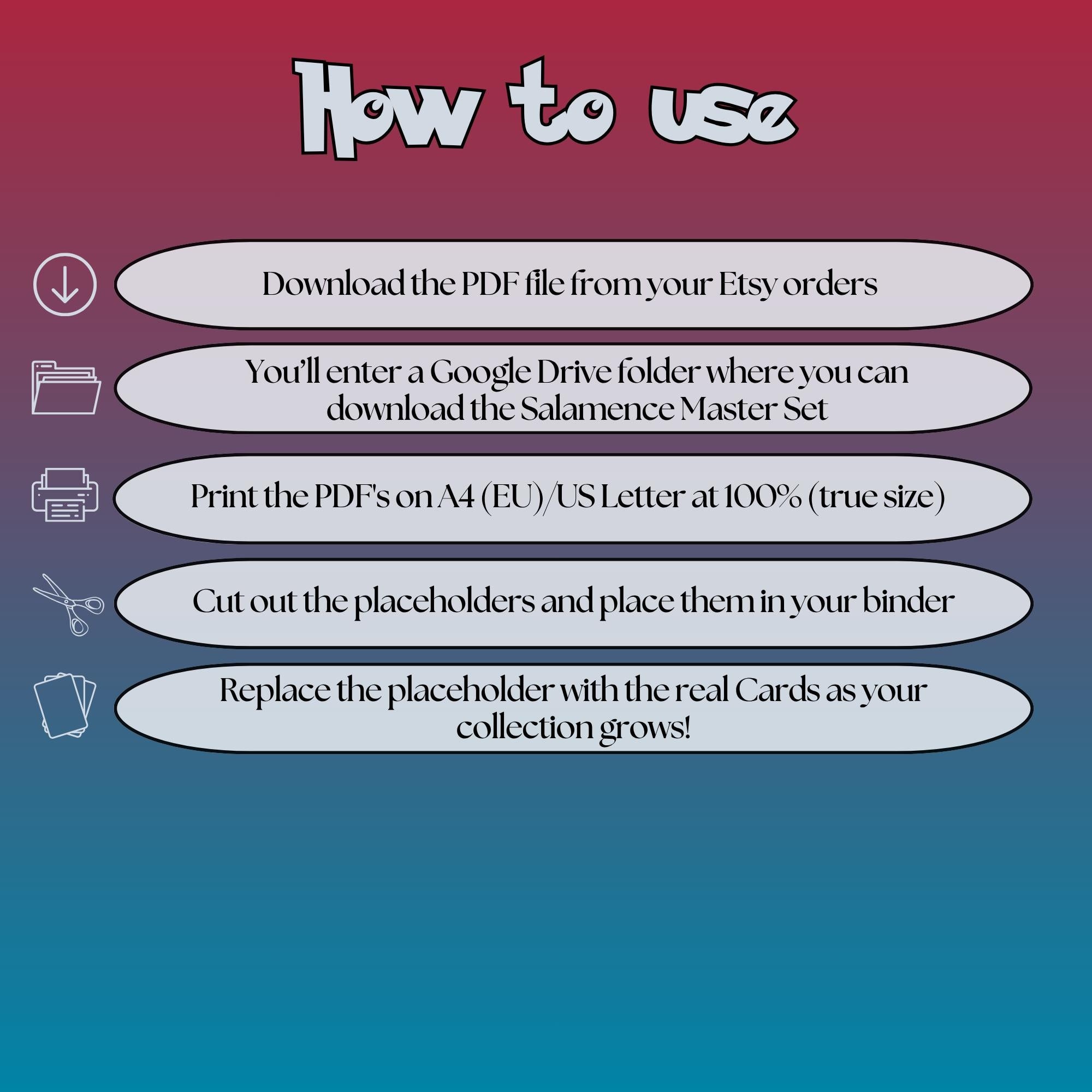 Salamence cards digital download instructions explaining how to print, cut, and place placeholders in a Pokémon binder.