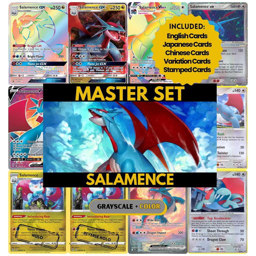 Salamence binder pages set showing grayscale and color Pokémon cards, designed as a digital download to complete a collector’s binder.