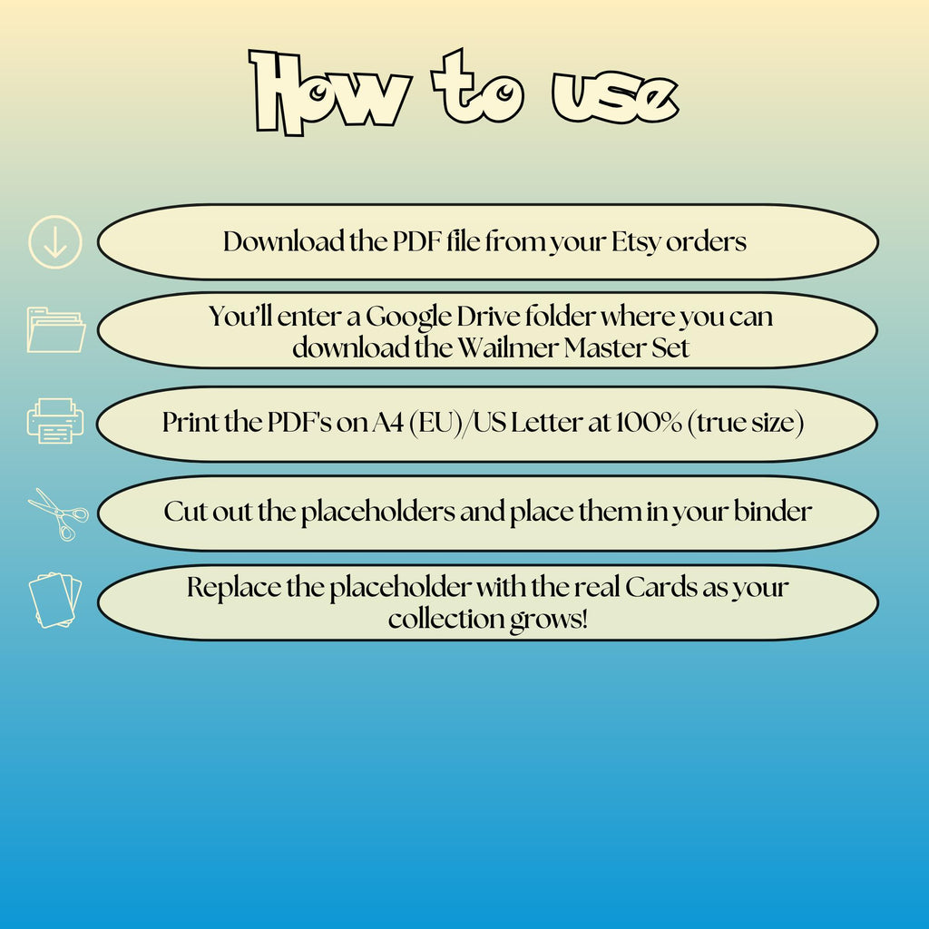 Wailmer cards digital download instructions explaining how to print, cut, and place placeholders in a Pokémon binder.