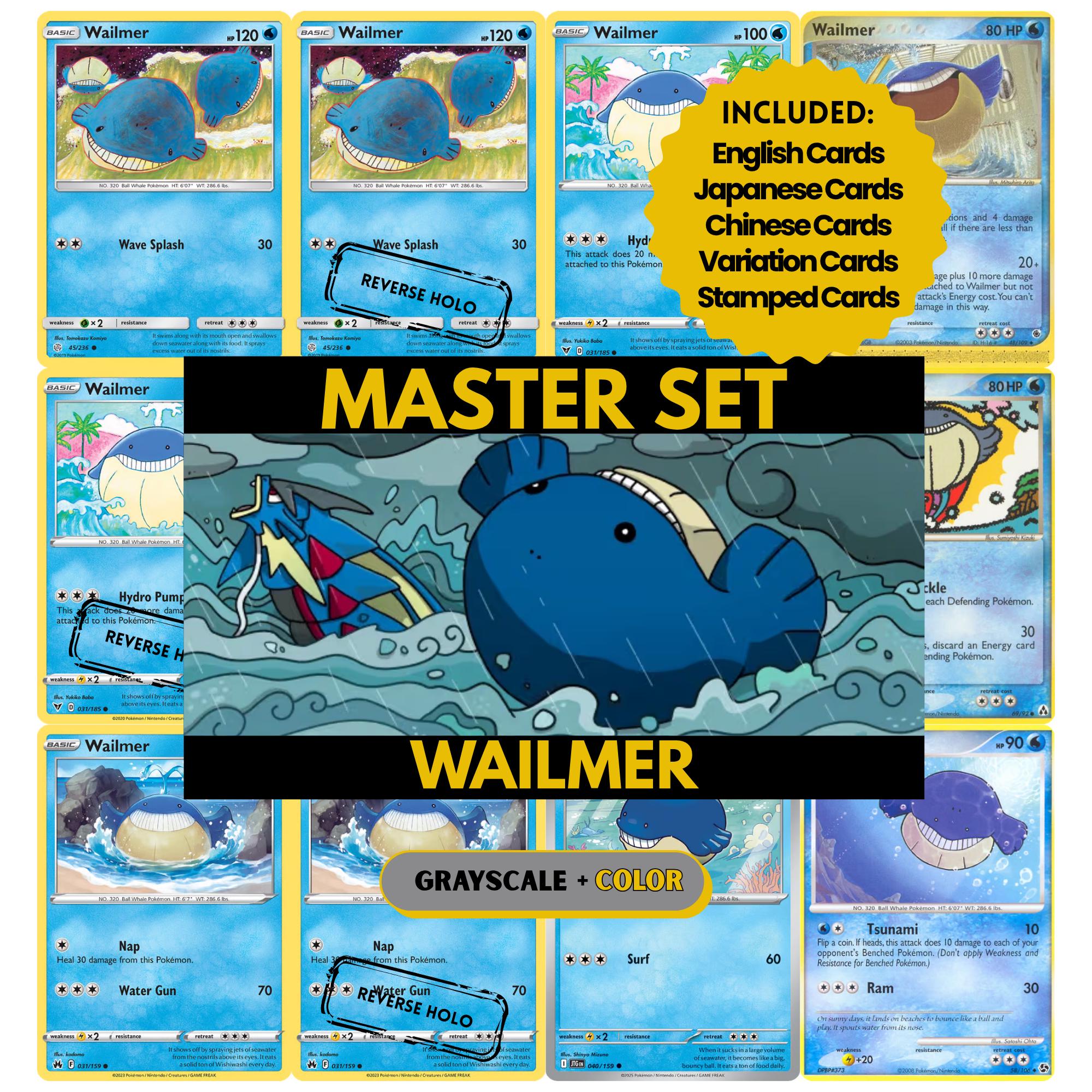 Wailmer binder pages set showing grayscale and color Pokémon cards, designed as a digital download to complete a collector’s binder.