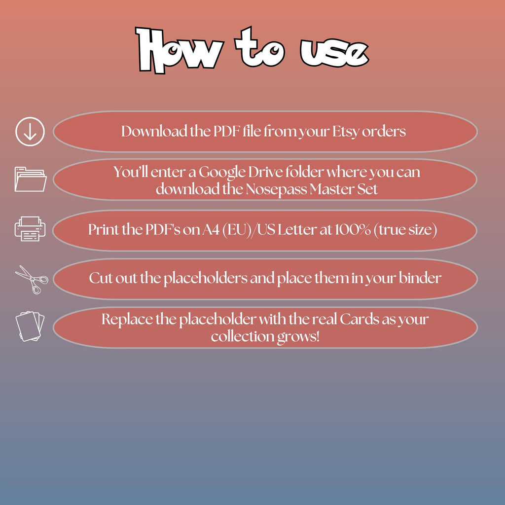 Nosepass cards digital download instructions explaining how to print, cut, and place placeholders in a Pokémon binder.