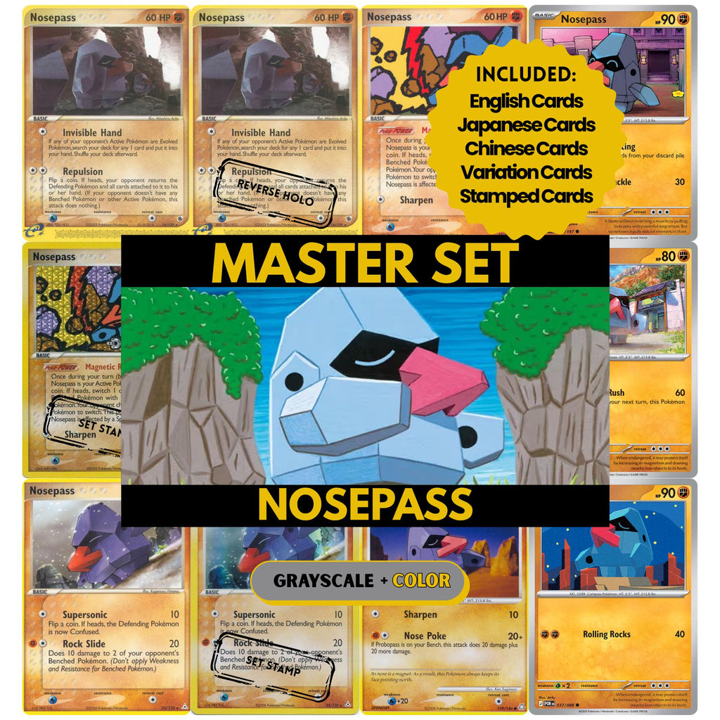 Nosepass binder pages set showing grayscale and color Pokémon cards, designed as a digital download to complete a collector’s binder.