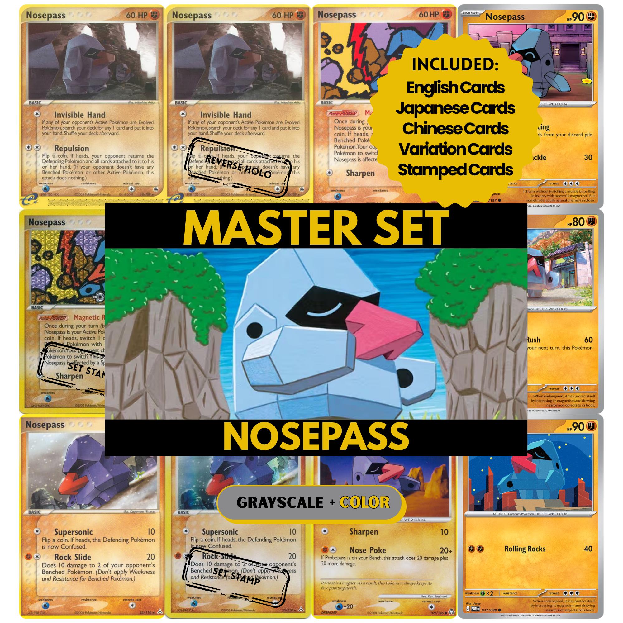 Nosepass binder pages set showing grayscale and color Pokémon cards, designed as a digital download to complete a collector’s binder.