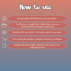 Probopass cards digital download instructions explaining how to print, cut, and place placeholders in a Pokémon binder.