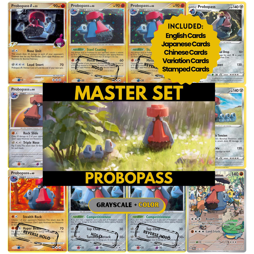 Probopass binder pages set showing grayscale and color Pokémon cards, designed as a digital download to complete a collector’s binder.