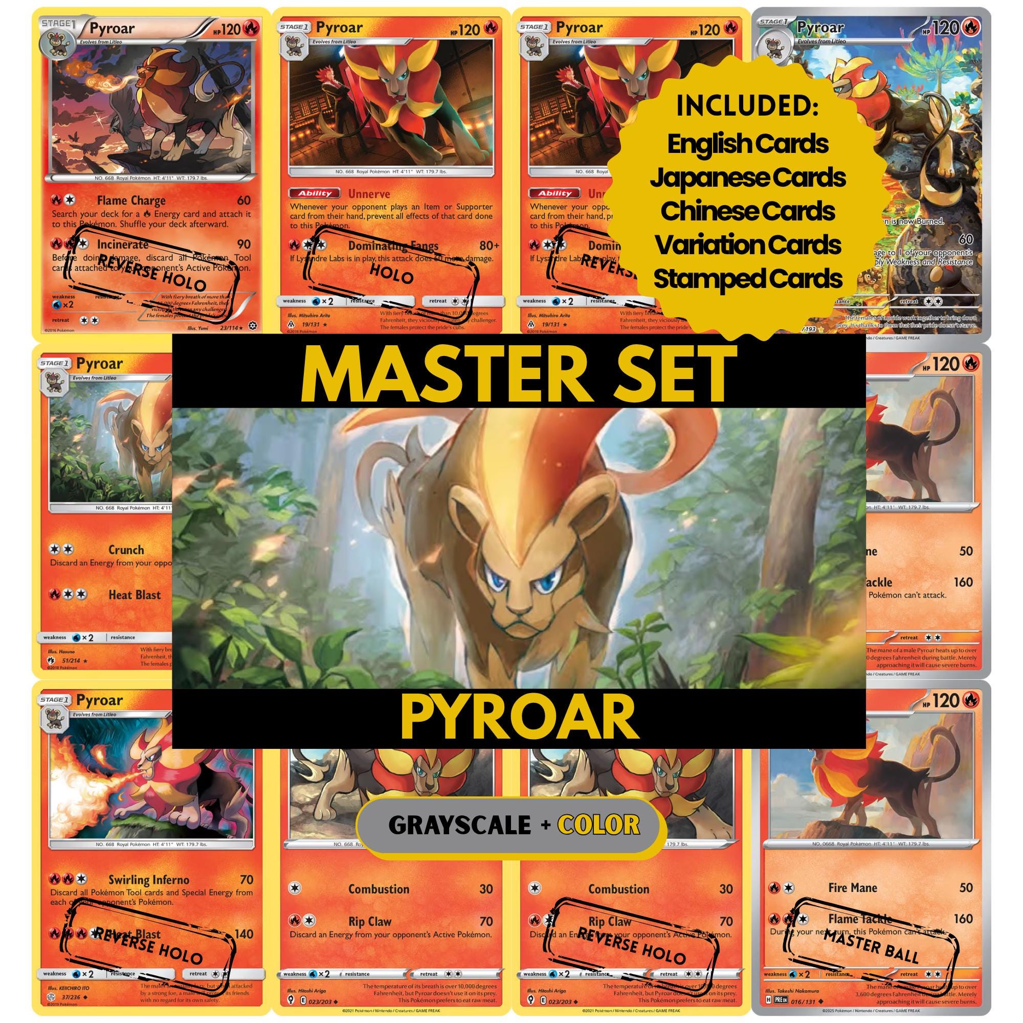 Pyroar binder pages set showing grayscale and color Pokémon cards, designed as a digital download to complete a collector’s binder.