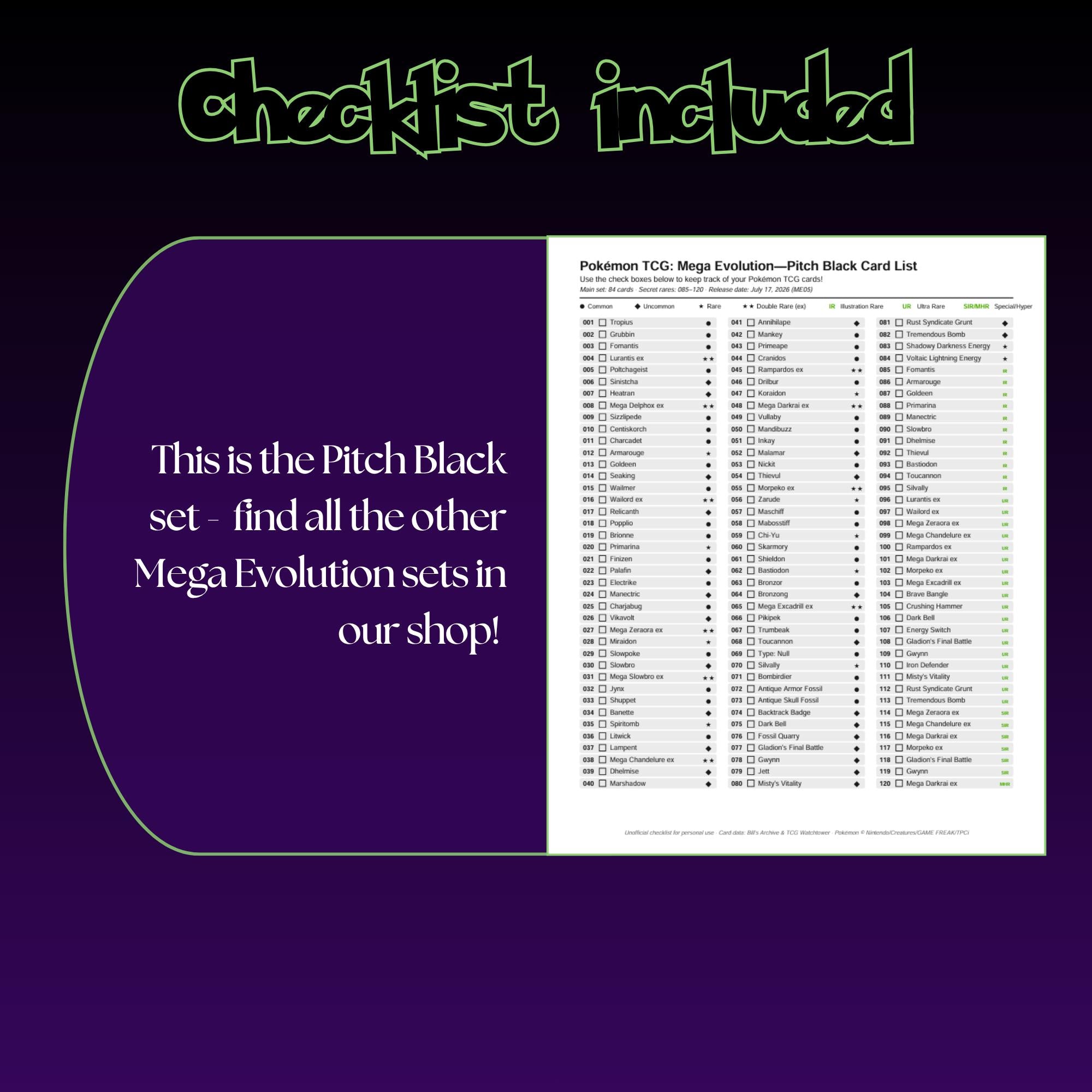 Example of the checklist that’s included to see which cards are all in the Pitch Black set from the Mega Evolution Series.