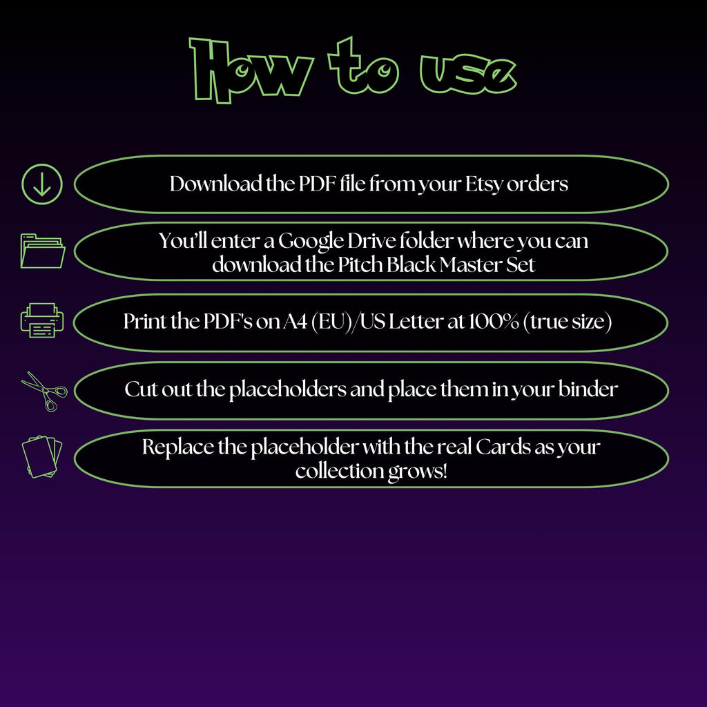 Pitch Black digital download instructions explaining how to print, cut, and place placeholders in a Pokémon binder.