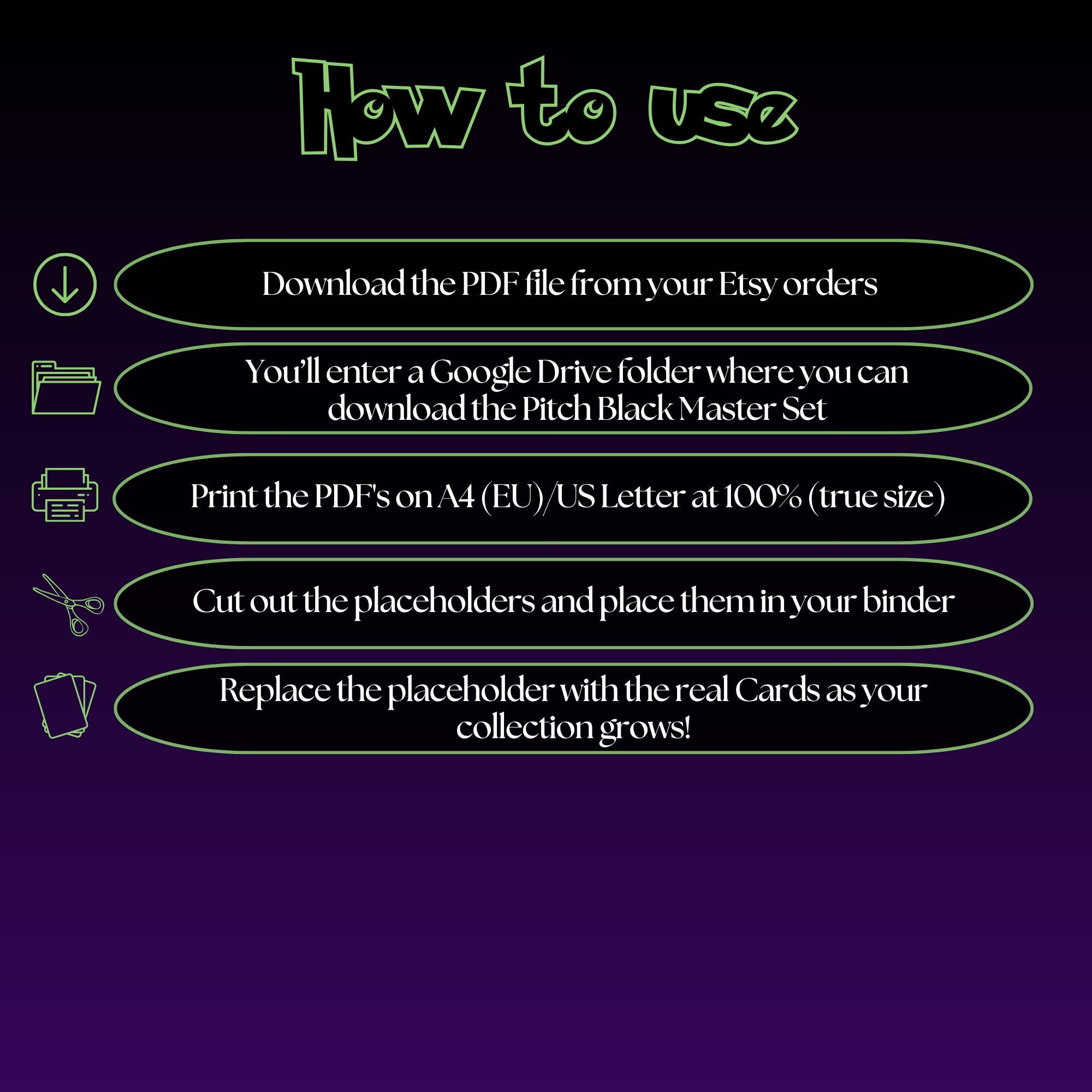 Pitch Black digital download instructions explaining how to print, cut, and place placeholders in a Pokémon binder.