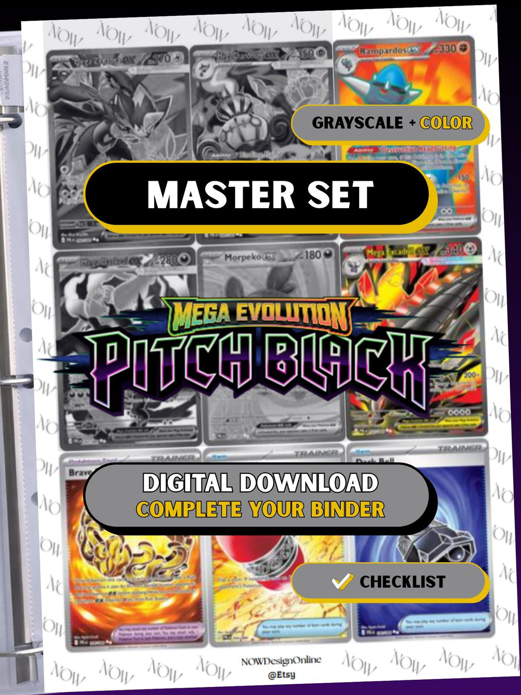 Pitch Black master set binder page showing grayscale and color Pokémon cards, designed as a digital download with checklist to complete a collector’s binder.