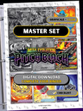 Pitch Black master set binder page showing grayscale and color Pokémon cards, designed as a digital download with checklist to complete a collector’s binder.