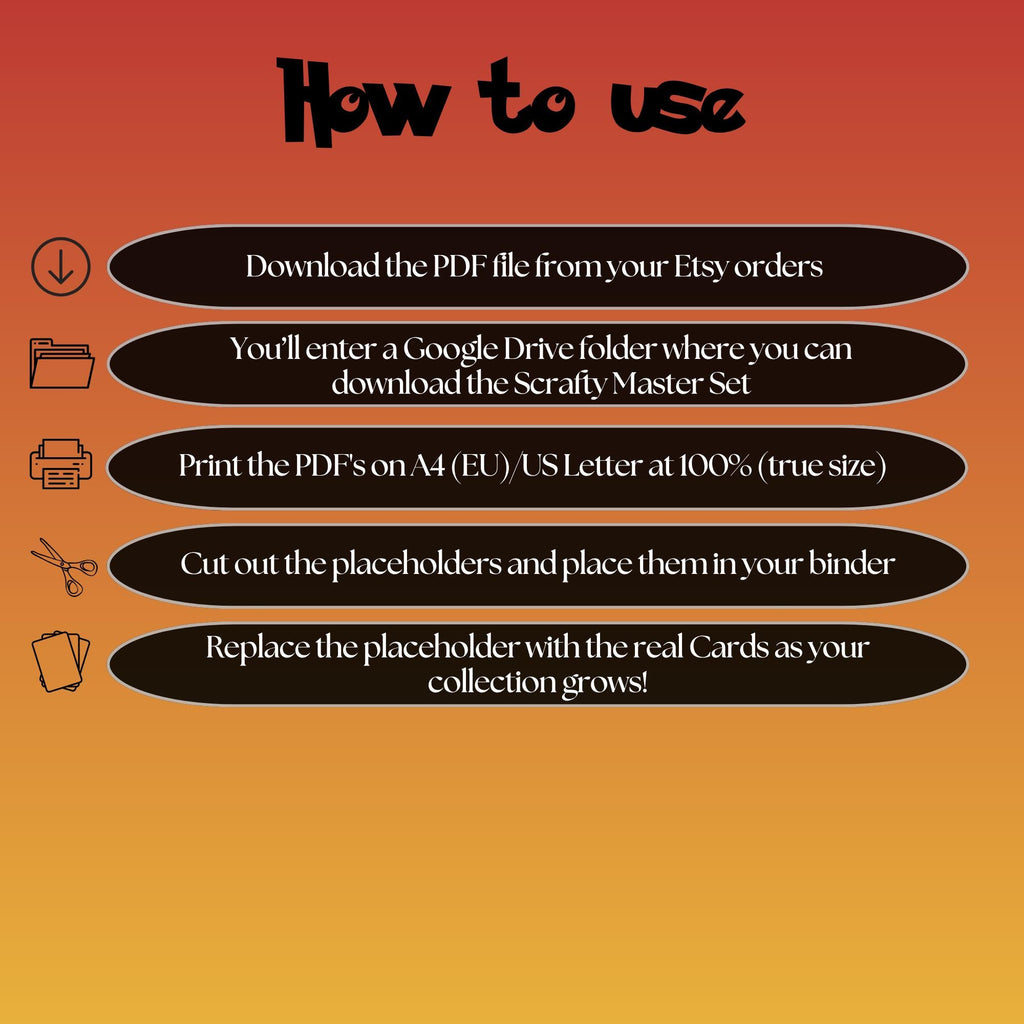 Scrafty cards digital download instructions explaining how to print, cut, and place placeholders in a Pokémon binder.