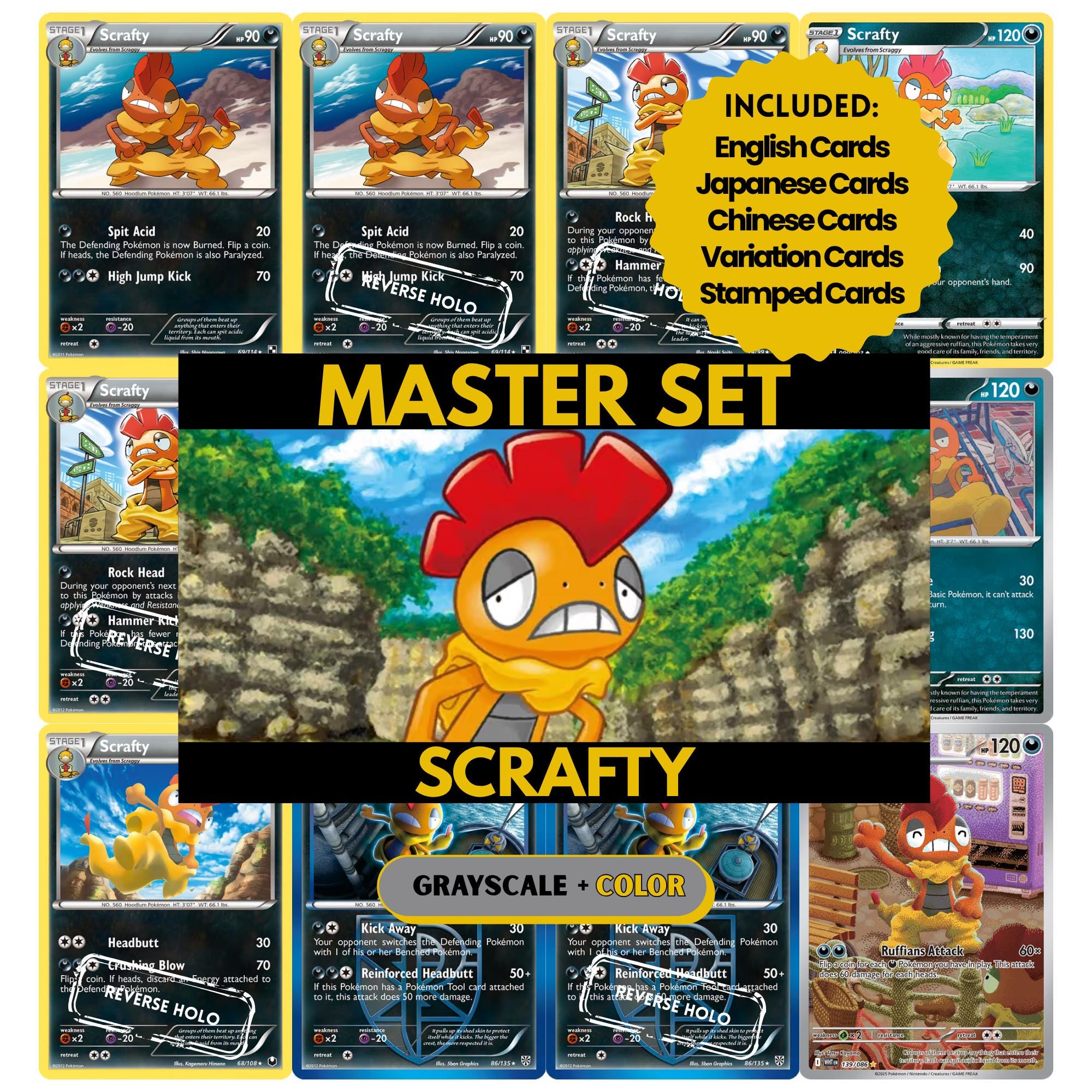 Scrafty binder pages set showing grayscale and color Pokémon cards, designed as a digital download to complete a collector’s binder.